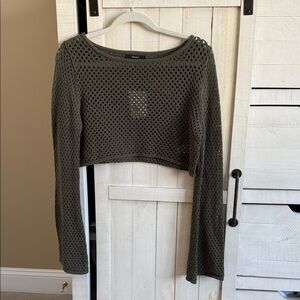Forever 21 Khaki Mesh Long Sleeve Crop Top